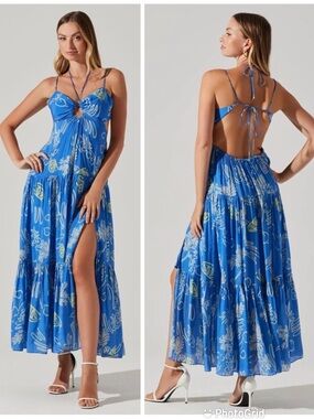 ASTR The Label Cutout Halter Maxi Dress Large Blue Thigh Slit‎ Wedding Summer